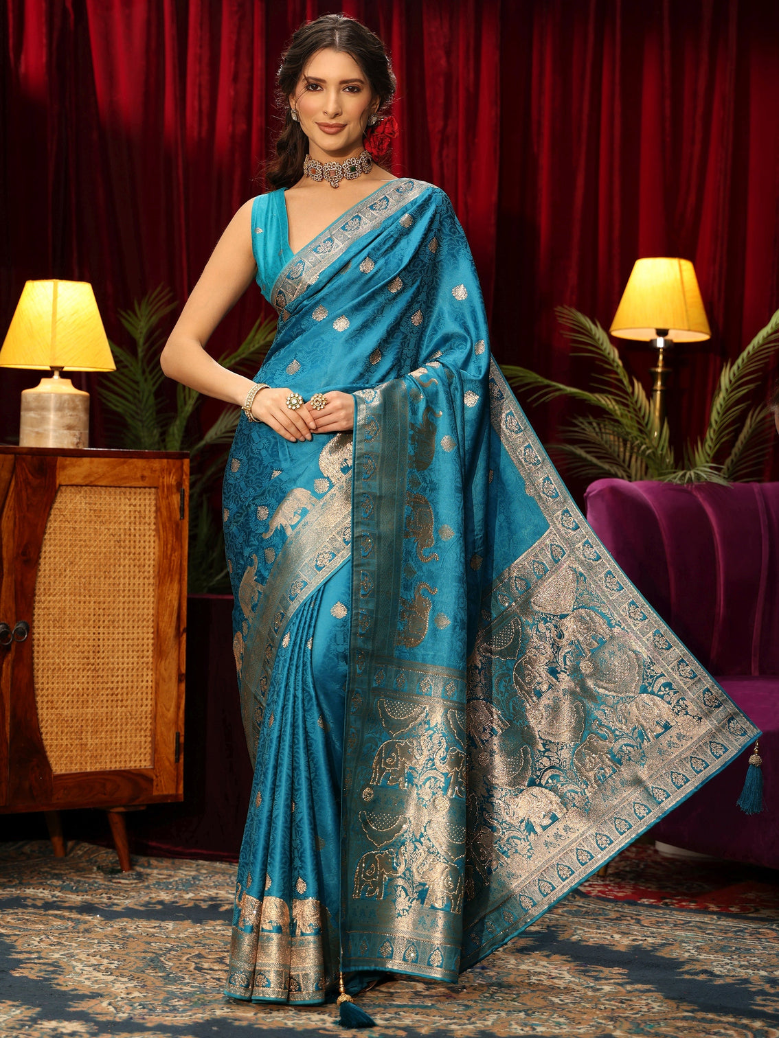 Mameraa Turquoise Blue Woven Design Satin Saree
