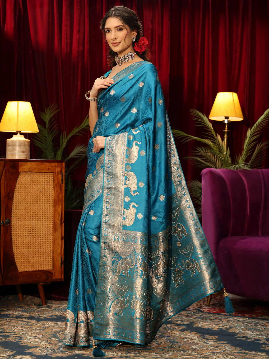 Mameraa Turquoise Blue Woven Design Satin Saree