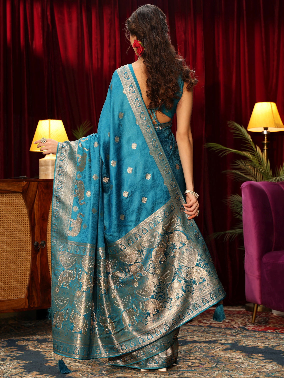 Mameraa Turquoise Blue Woven Design Satin Saree