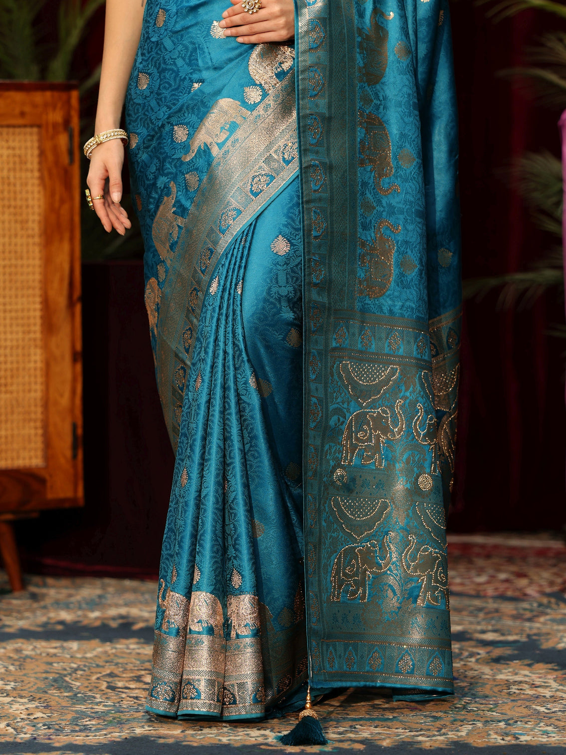 Mameraa Turquoise Blue Woven Design Satin Saree
