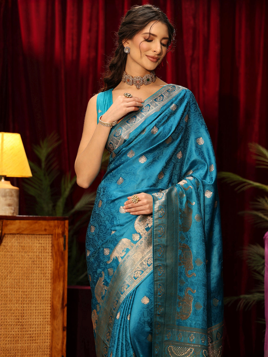 Mameraa Turquoise Blue Woven Design Satin Saree
