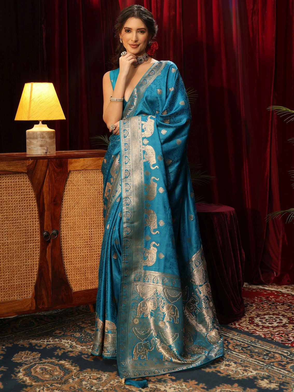 Mameraa Turquoise Blue Woven Design Satin Saree