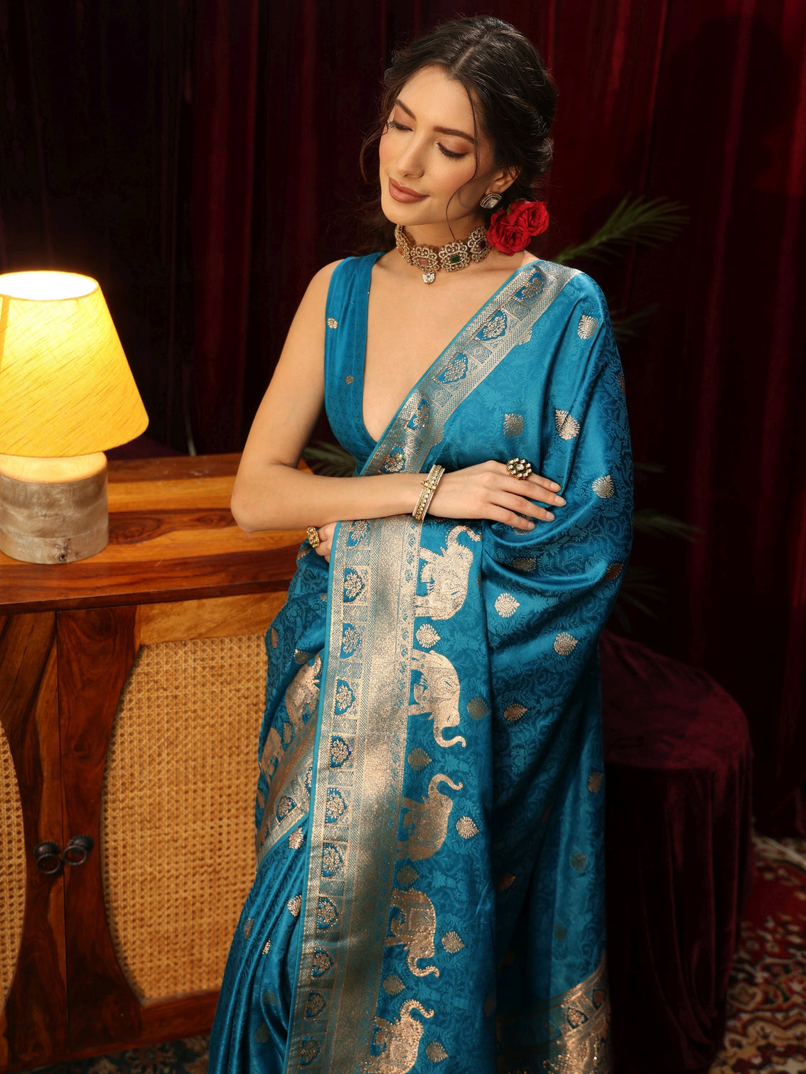 Mameraa Turquoise Blue Woven Design Satin Saree