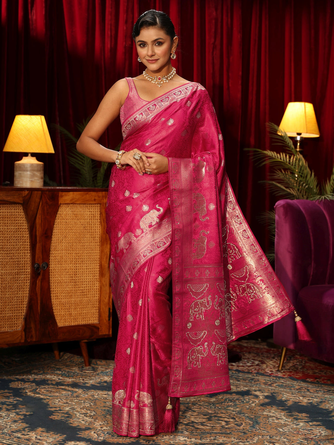 Mameraa Pink Elephant Woven Design Embellished Satin Saree