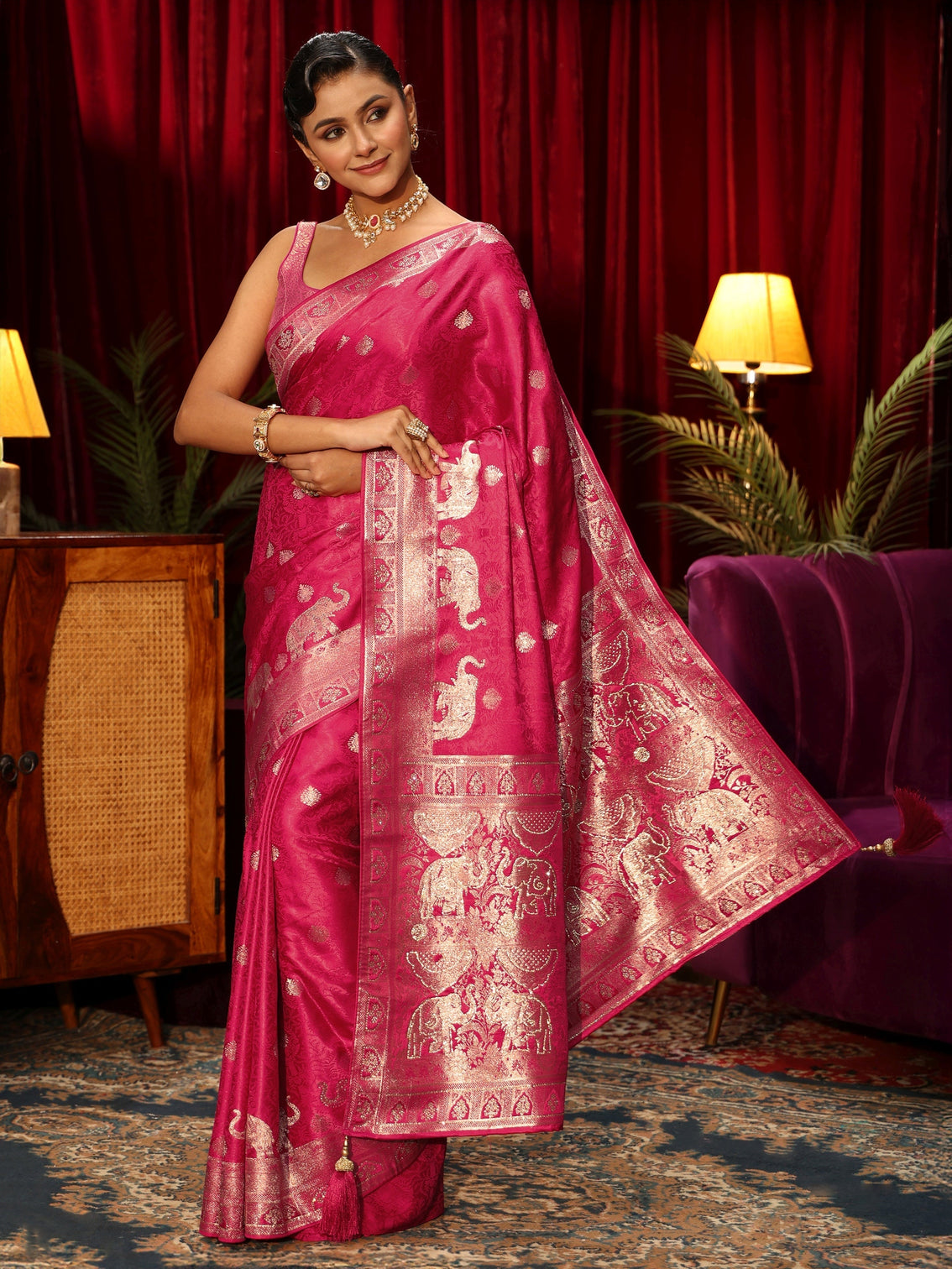Mameraa Pink Elephant Woven Design Embellished Satin Saree