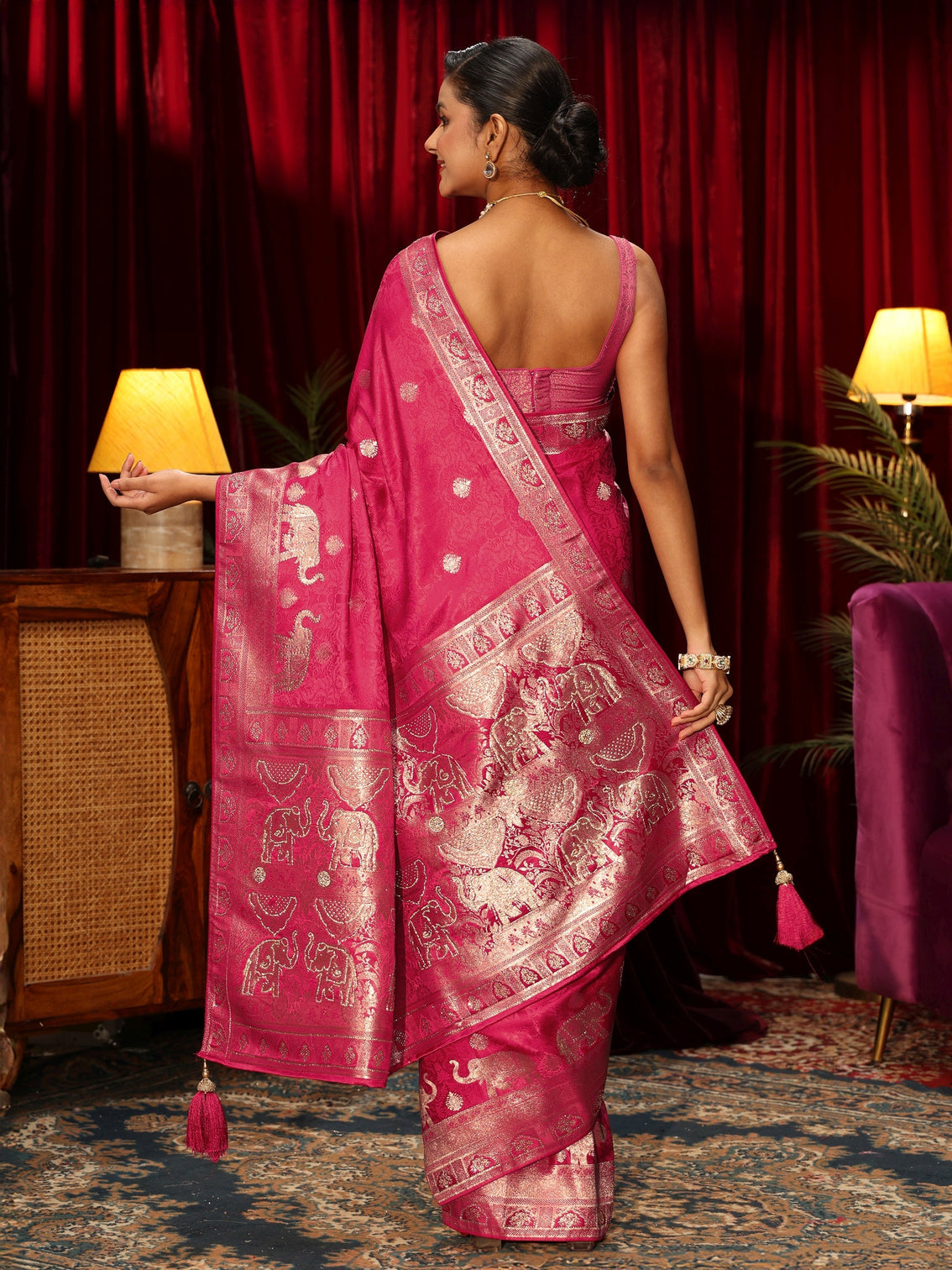Mameraa Pink Elephant Woven Design Embellished Satin Saree