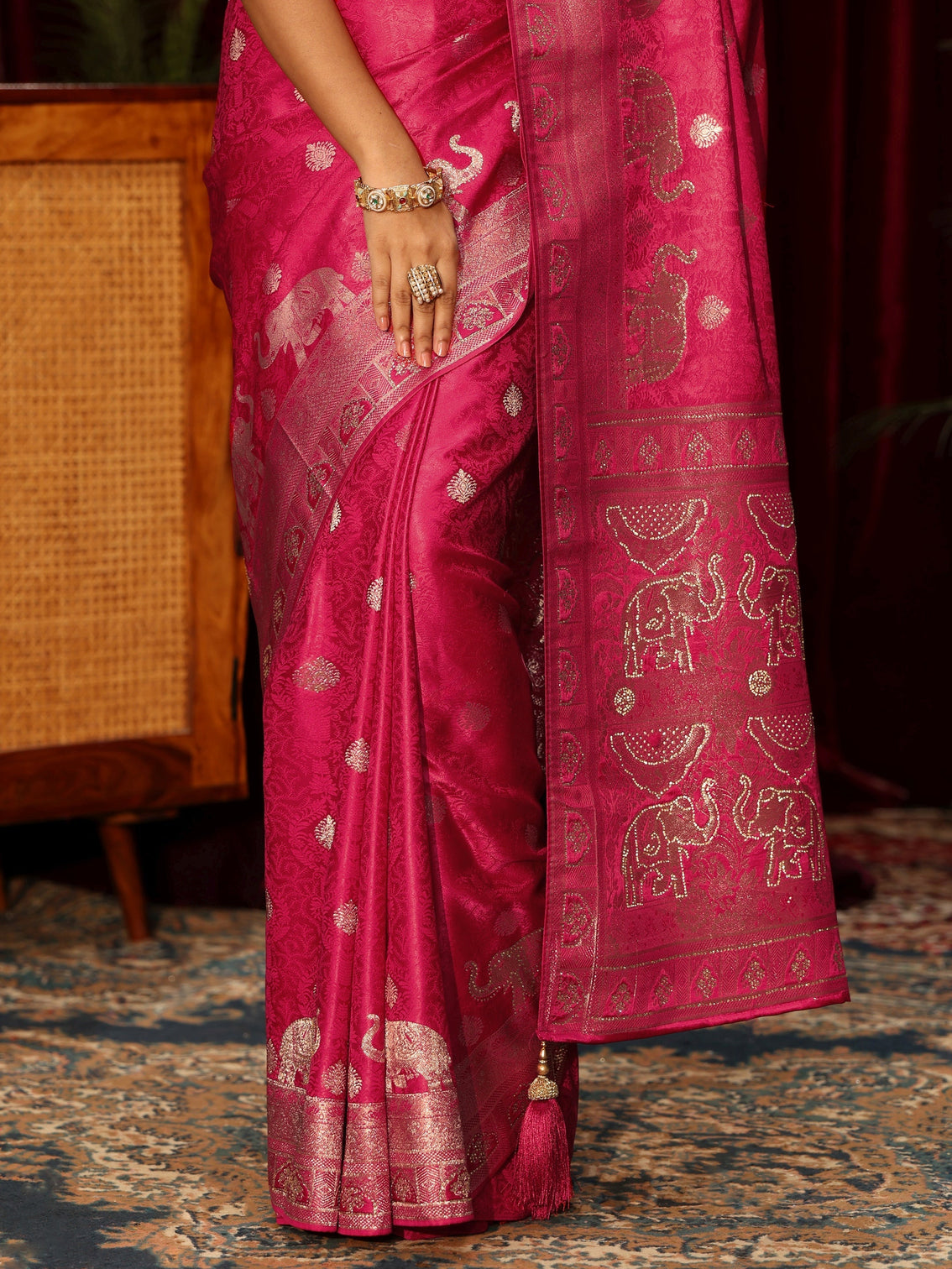Mameraa Pink Elephant Woven Design Embellished Satin Saree