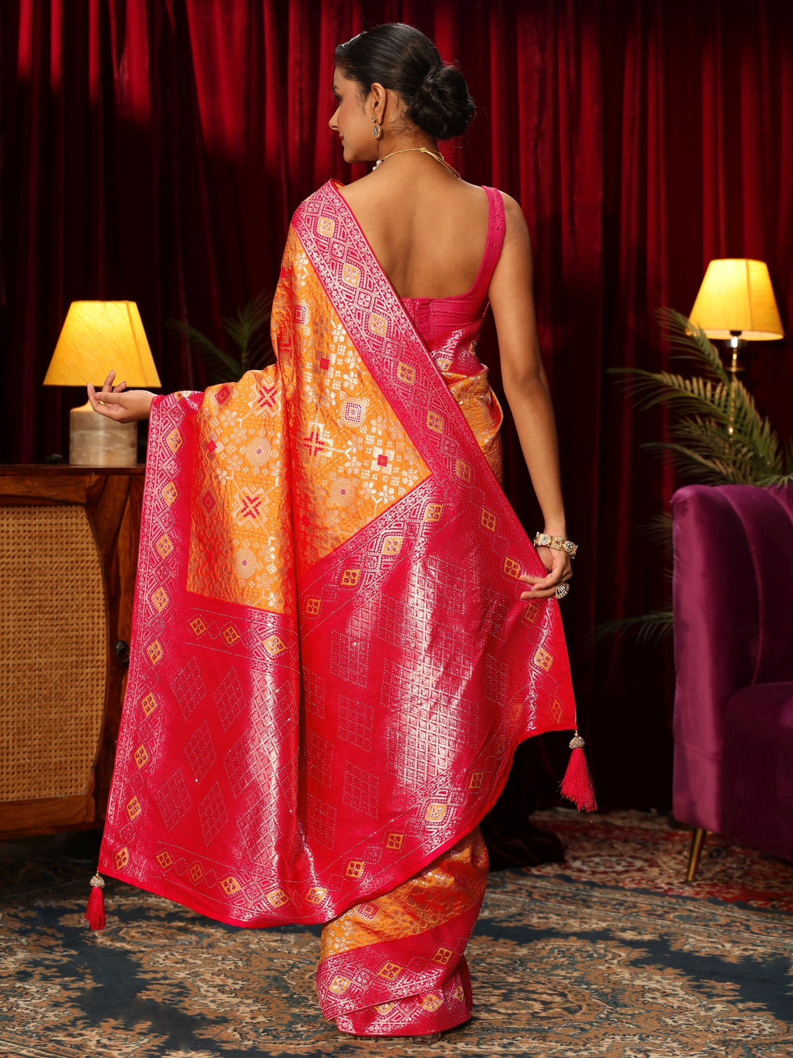 Mameraa Orange Woven Design Embellished Silk Blend Patola Saree
