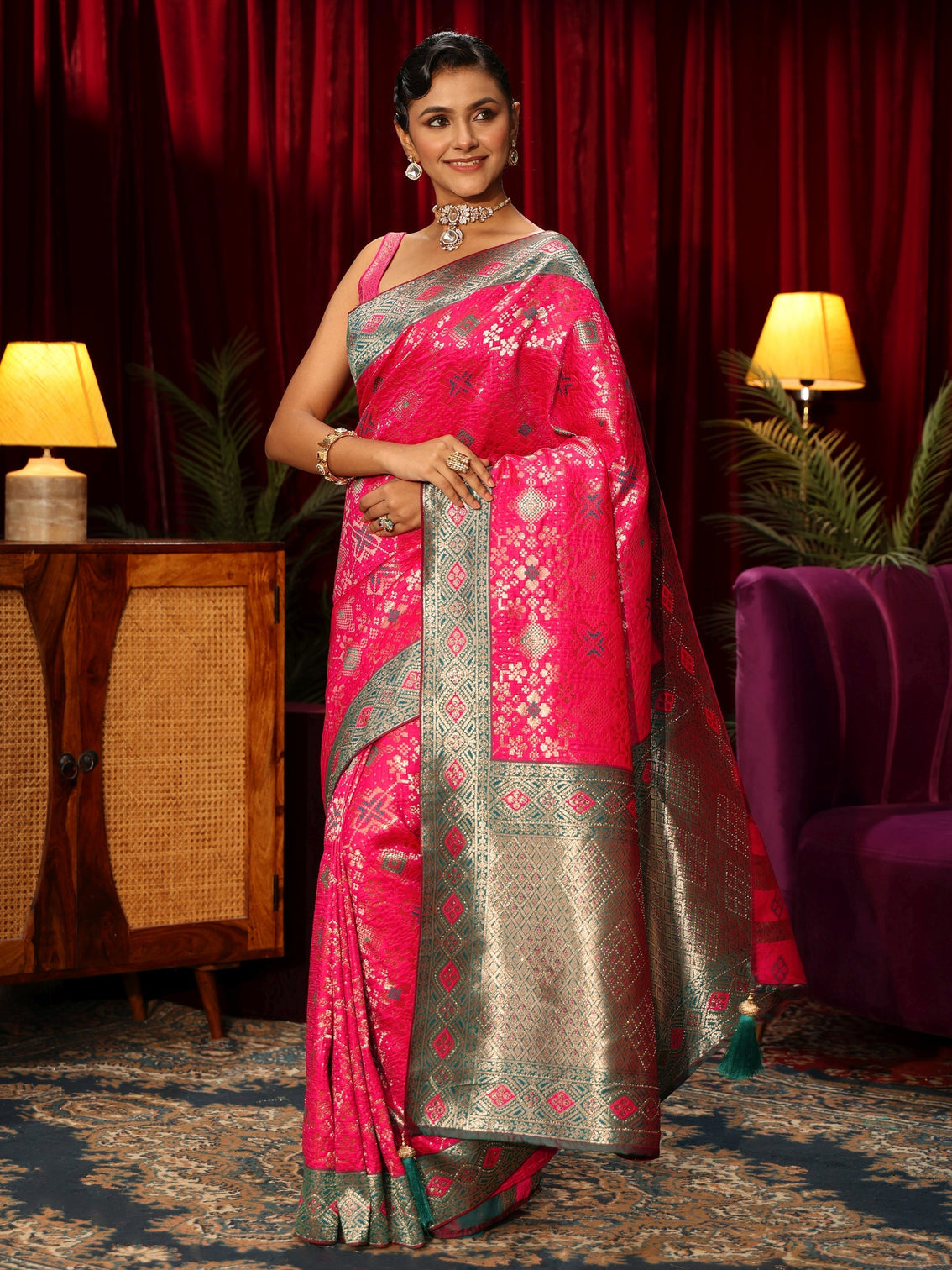 Mameraa Hot Pink Woven Design Embellished Silk Blend Patola Saree