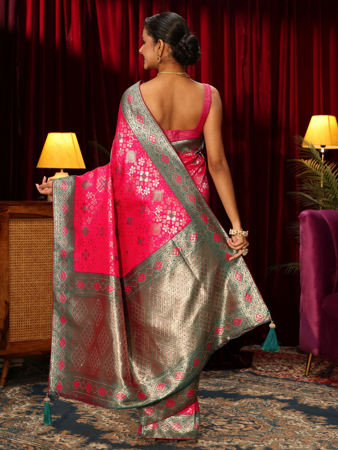 Mameraa Hot Pink Woven Design Embellished Silk Blend Patola Saree