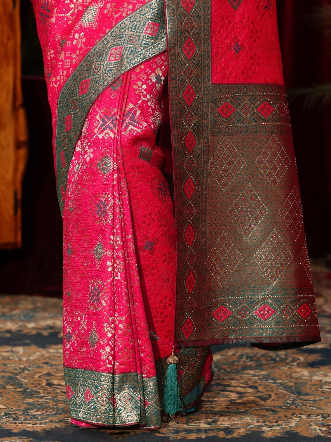 Mameraa Hot Pink Woven Design Embellished Silk Blend Patola Saree