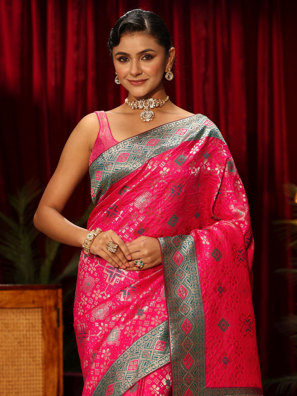 Mameraa Hot Pink Woven Design Embellished Silk Blend Patola Saree