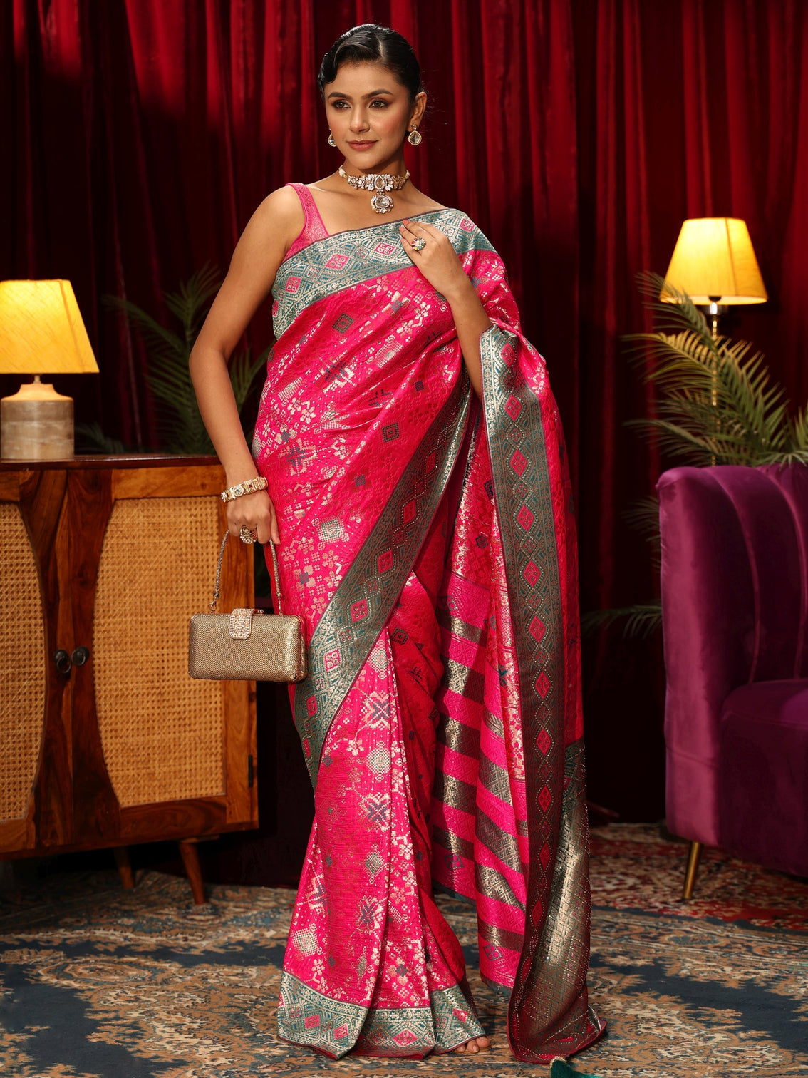 Mameraa Hot Pink Woven Design Embellished Silk Blend Patola Saree
