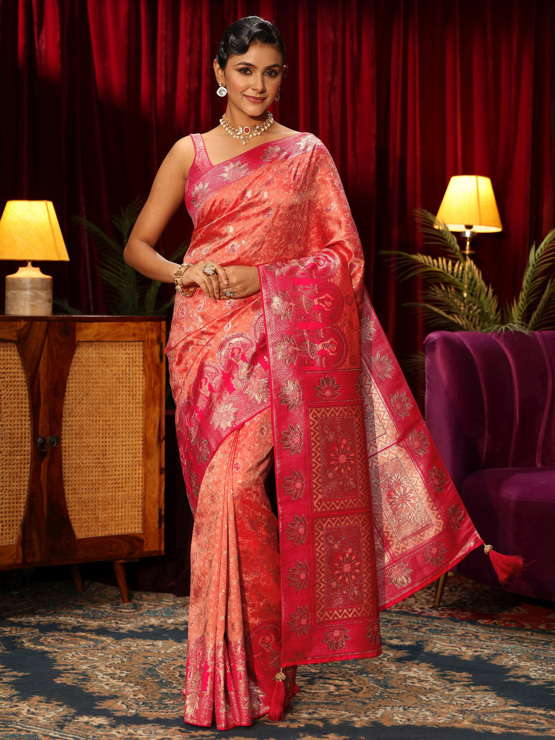 Mameraa Peach Floral Woven Design Embellished Silk Blend Saree