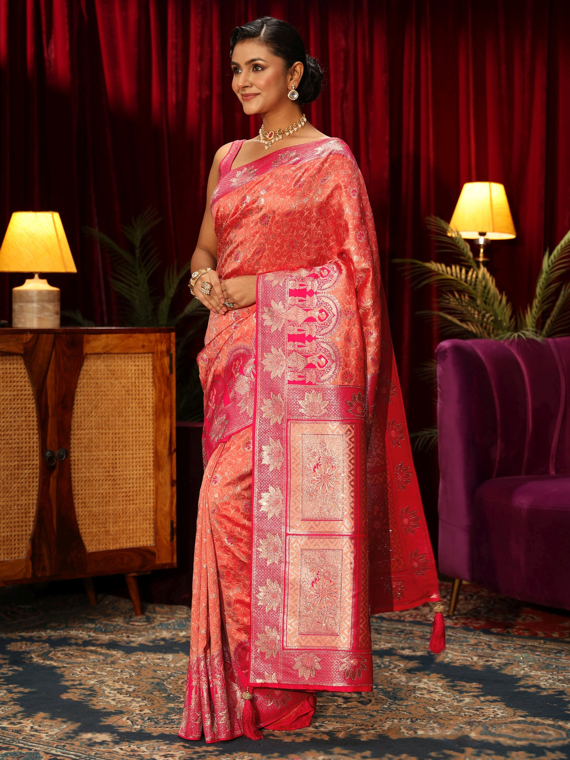 Mameraa Peach Floral Woven Design Embellished Silk Blend Saree