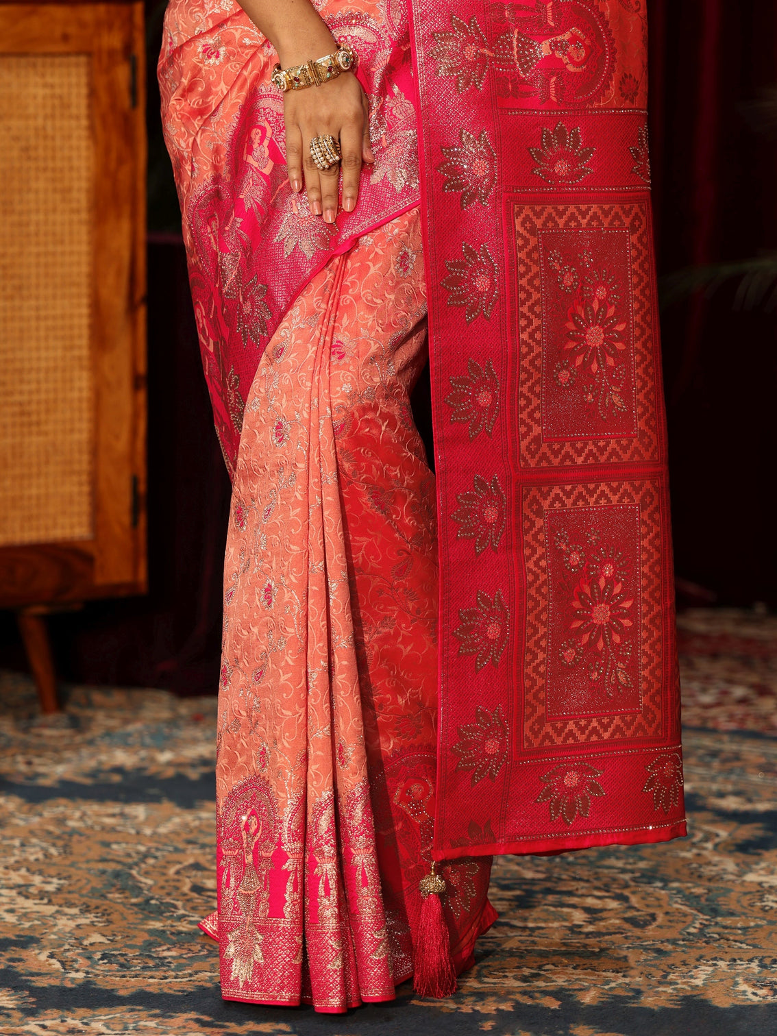 Mameraa Peach Floral Woven Design Embellished Silk Blend Saree