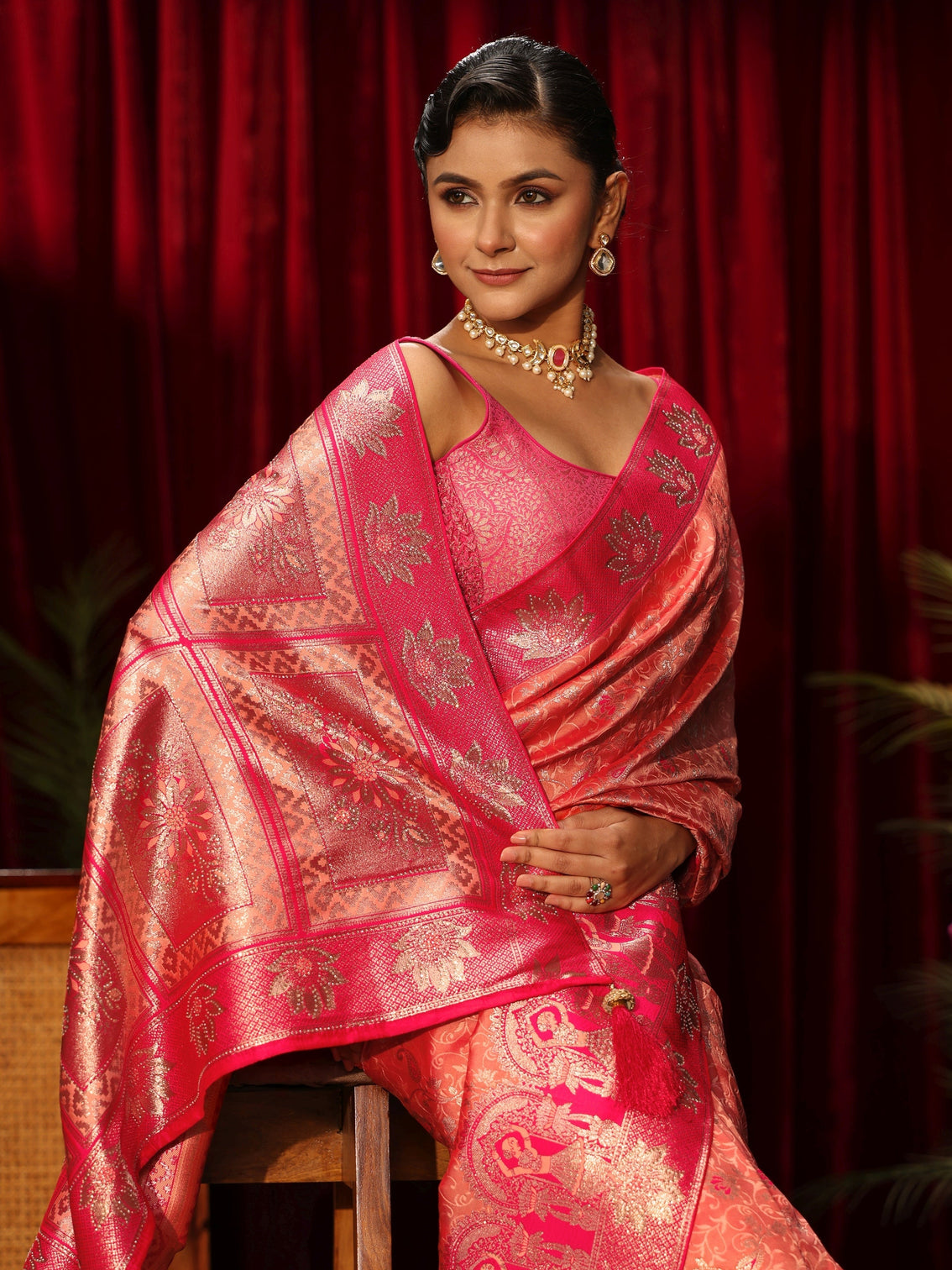 Mameraa Peach Floral Woven Design Embellished Silk Blend Saree