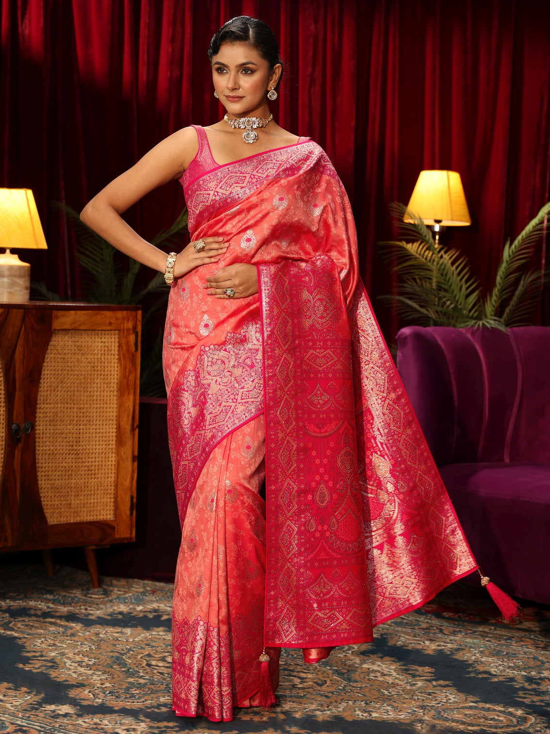 Mameraa Peach Pink Woven Design Embellished Silk Blend Saree
