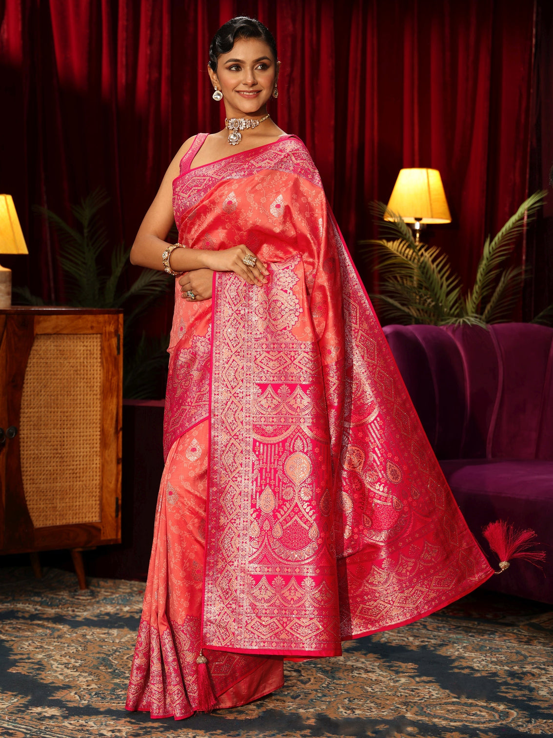 Mameraa Peach Pink Woven Design Embellished Silk Blend Saree