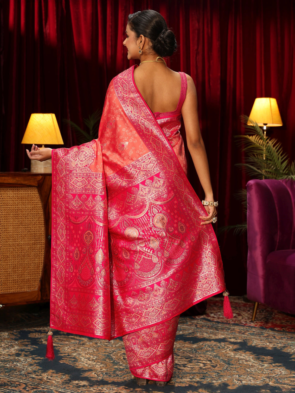 Mameraa Peach Pink Woven Design Embellished Silk Blend Saree