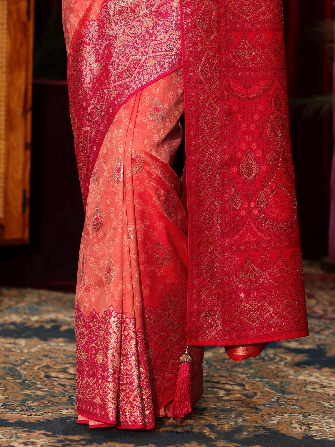Mameraa Peach Pink Woven Design Embellished Silk Blend Saree