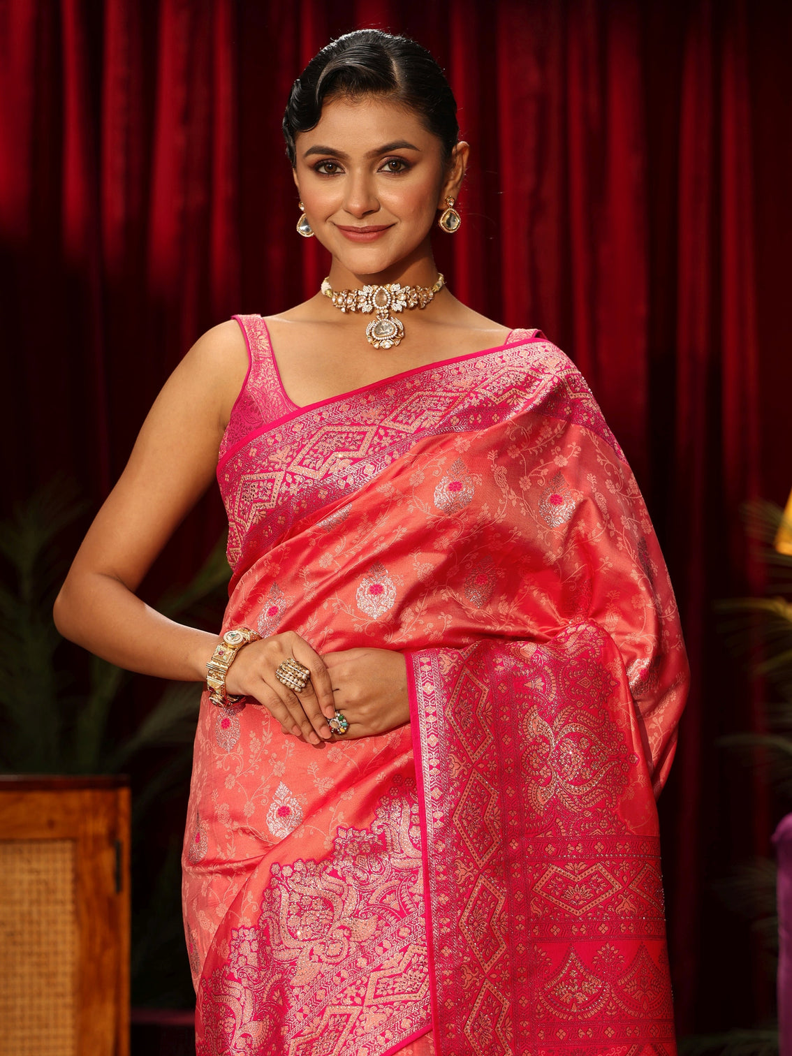 Mameraa Peach Pink Woven Design Embellished Silk Blend Saree
