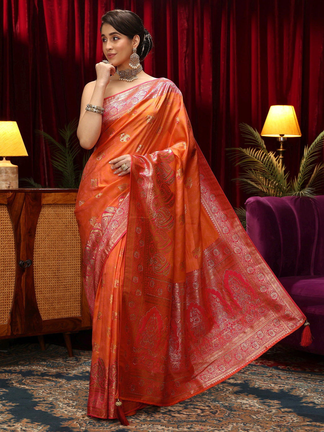 Mameraa Orange Woven Design Embellished Silk Blend Saree