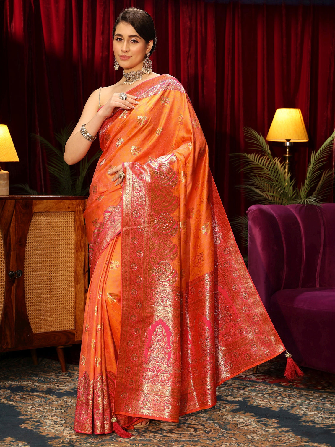 Mameraa Orange Woven Design Embellished Silk Blend Saree