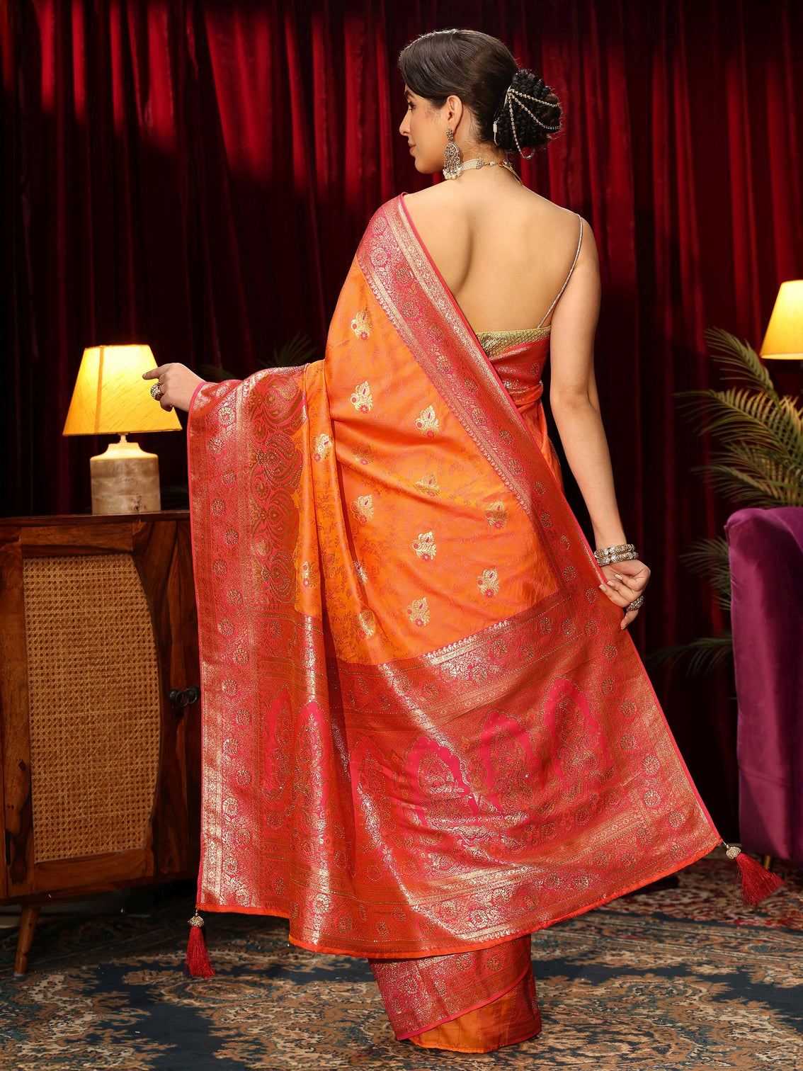 Mameraa Orange Woven Design Embellished Silk Blend Saree