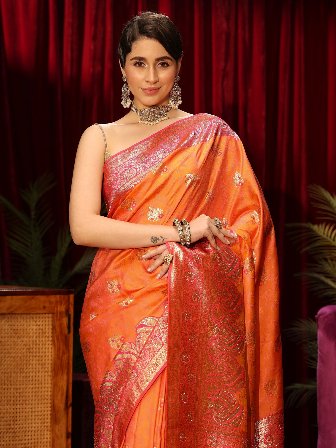 Mameraa Orange Woven Design Embellished Silk Blend Saree