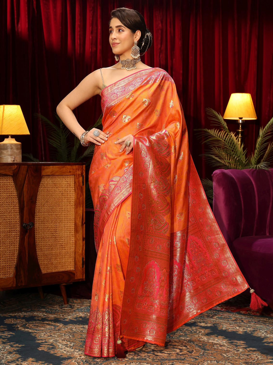 Mameraa Orange Woven Design Embellished Silk Blend Saree