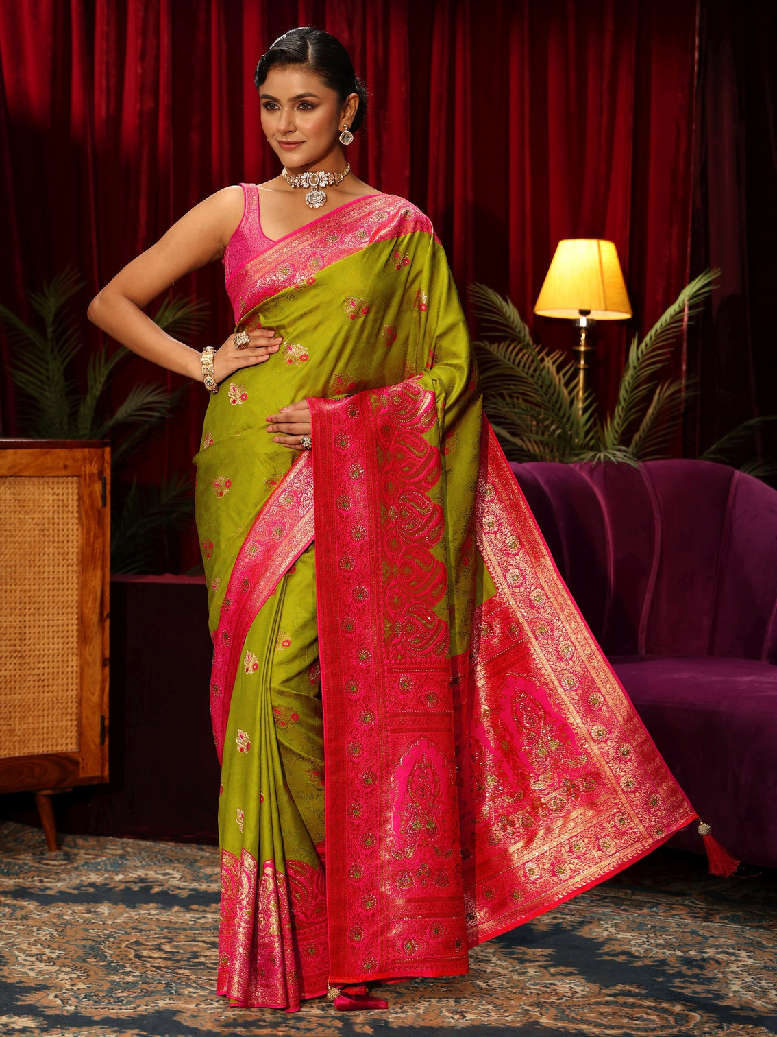 Mameraa Green Woven Design Embellished Silk Blend Saree