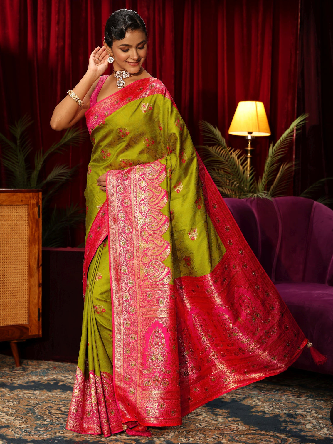 Mameraa Green Woven Design Embellished Silk Blend Saree