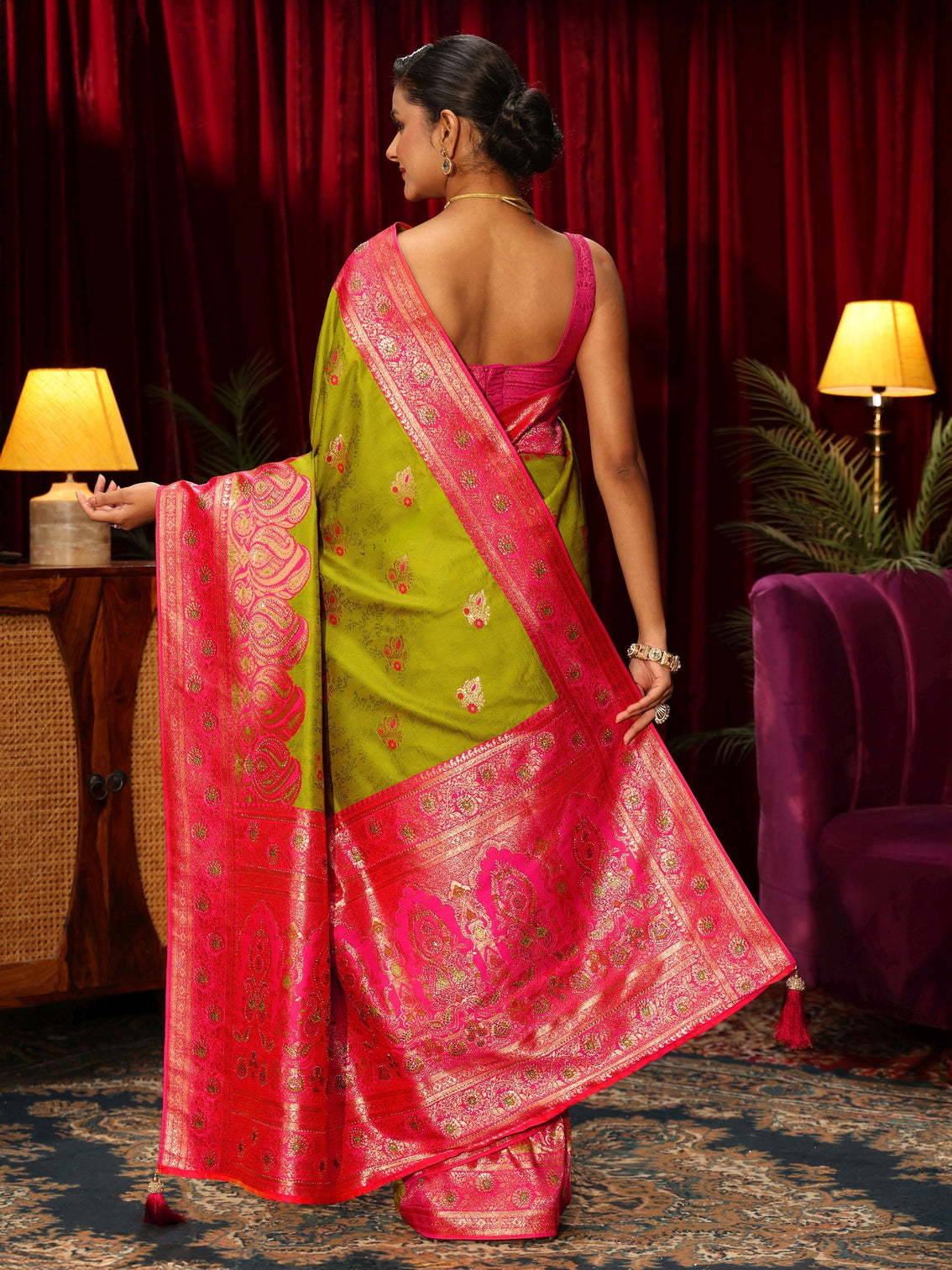 Mameraa Green Woven Design Embellished Silk Blend Saree