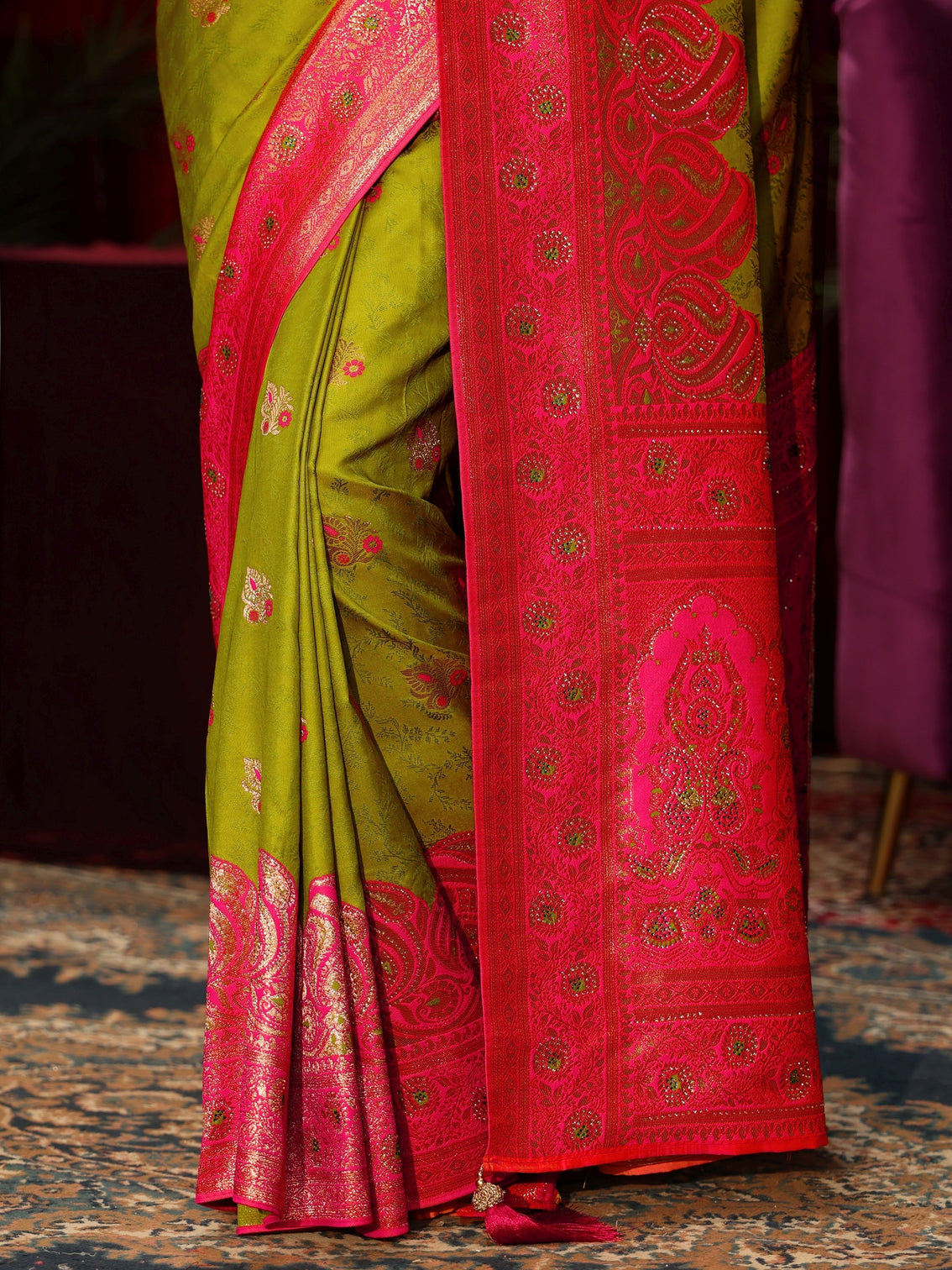 Mameraa Green Woven Design Embellished Silk Blend Saree