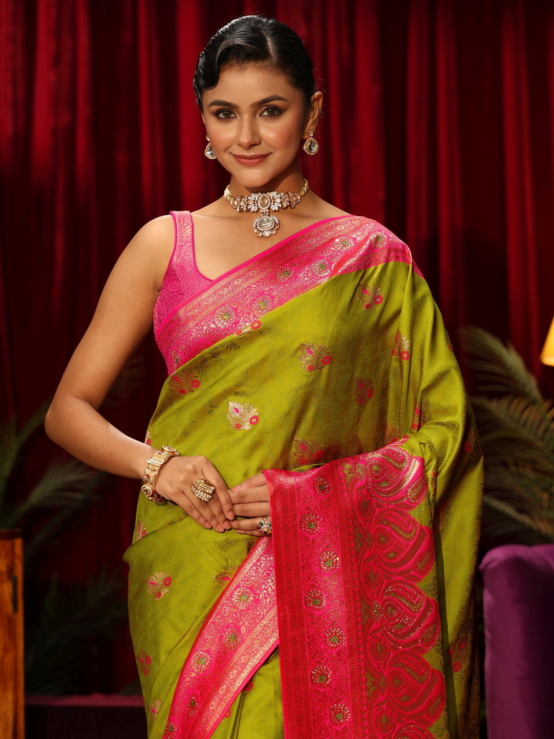 Mameraa Green Woven Design Embellished Silk Blend Saree