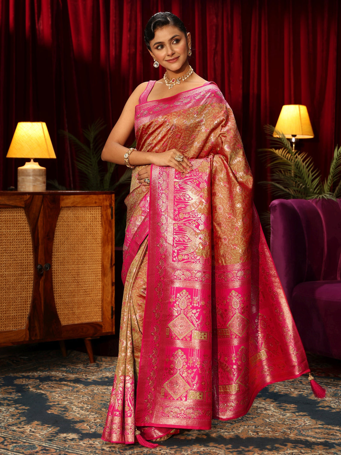 Mameraa Light Orange Floral Woven Design Embellished Silk Blend Saree