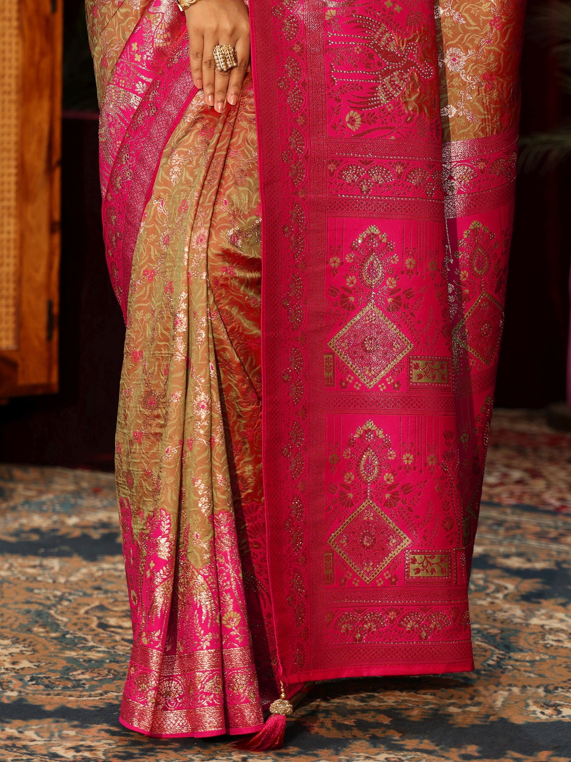 Mameraa Light Orange Floral Woven Design Embellished Silk Blend Saree