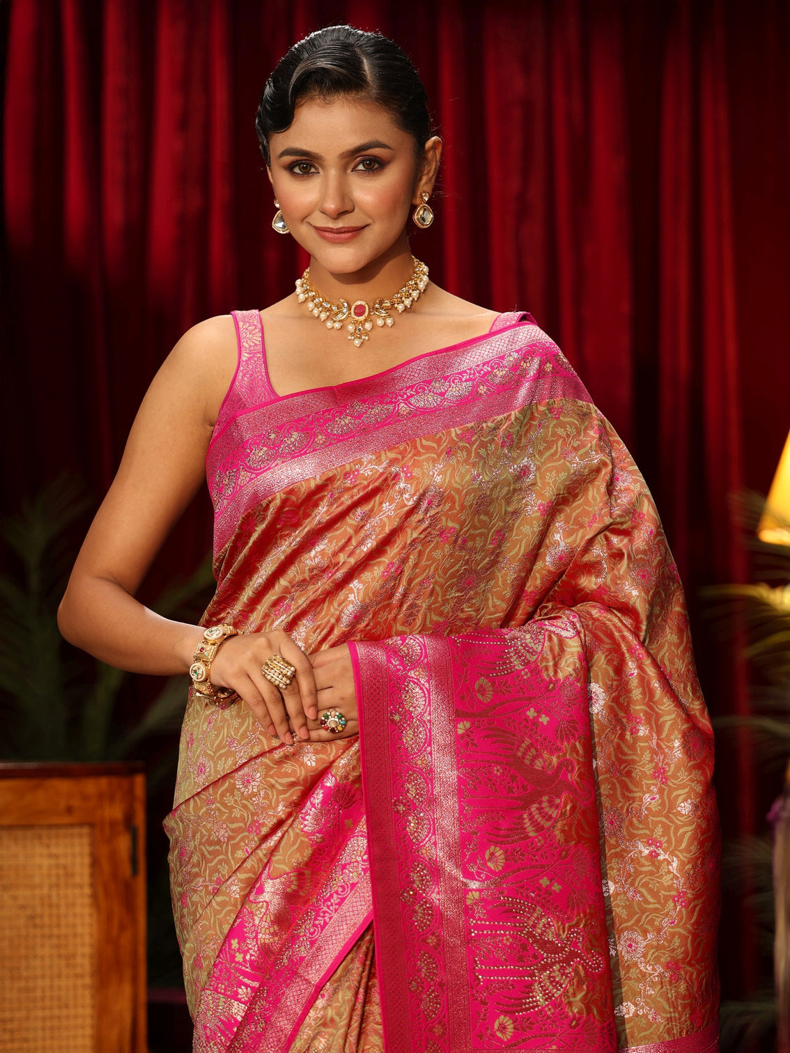 Mameraa Light Orange Floral Woven Design Embellished Silk Blend Saree