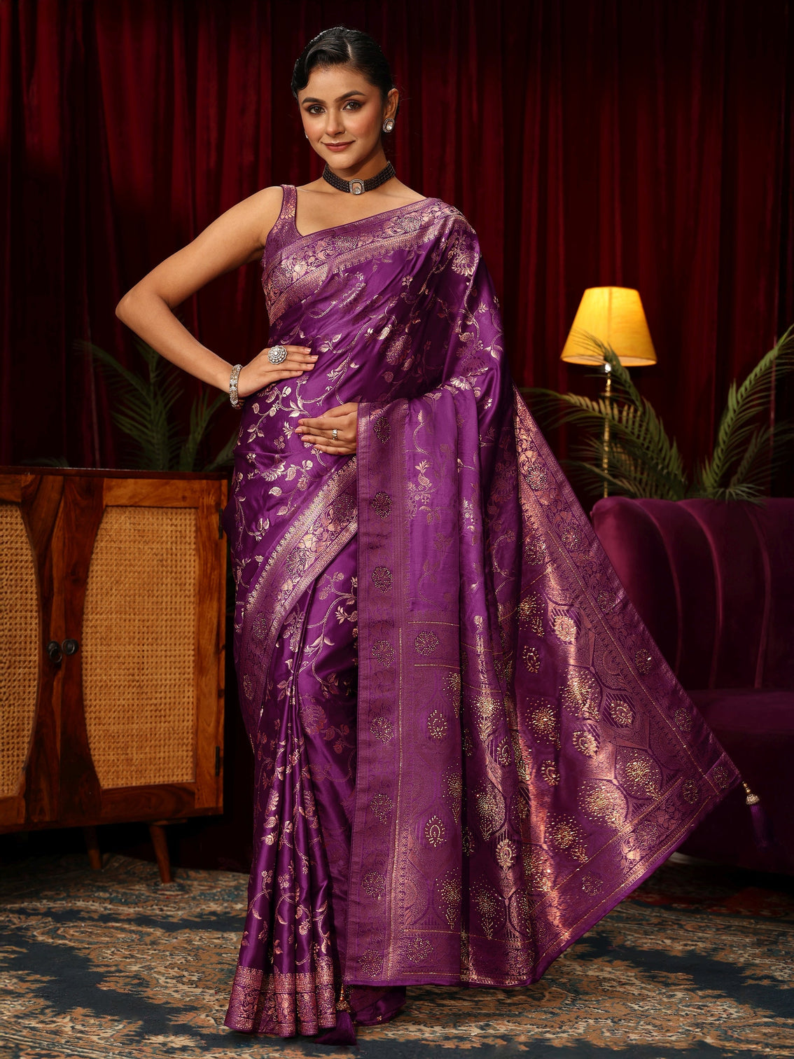 Mameraa Royal Purple Floral Woven Design Embellished Satin Saree