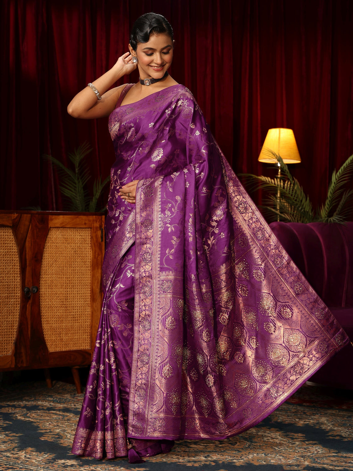 Mameraa Royal Purple Floral Woven Design Embellished Satin Saree