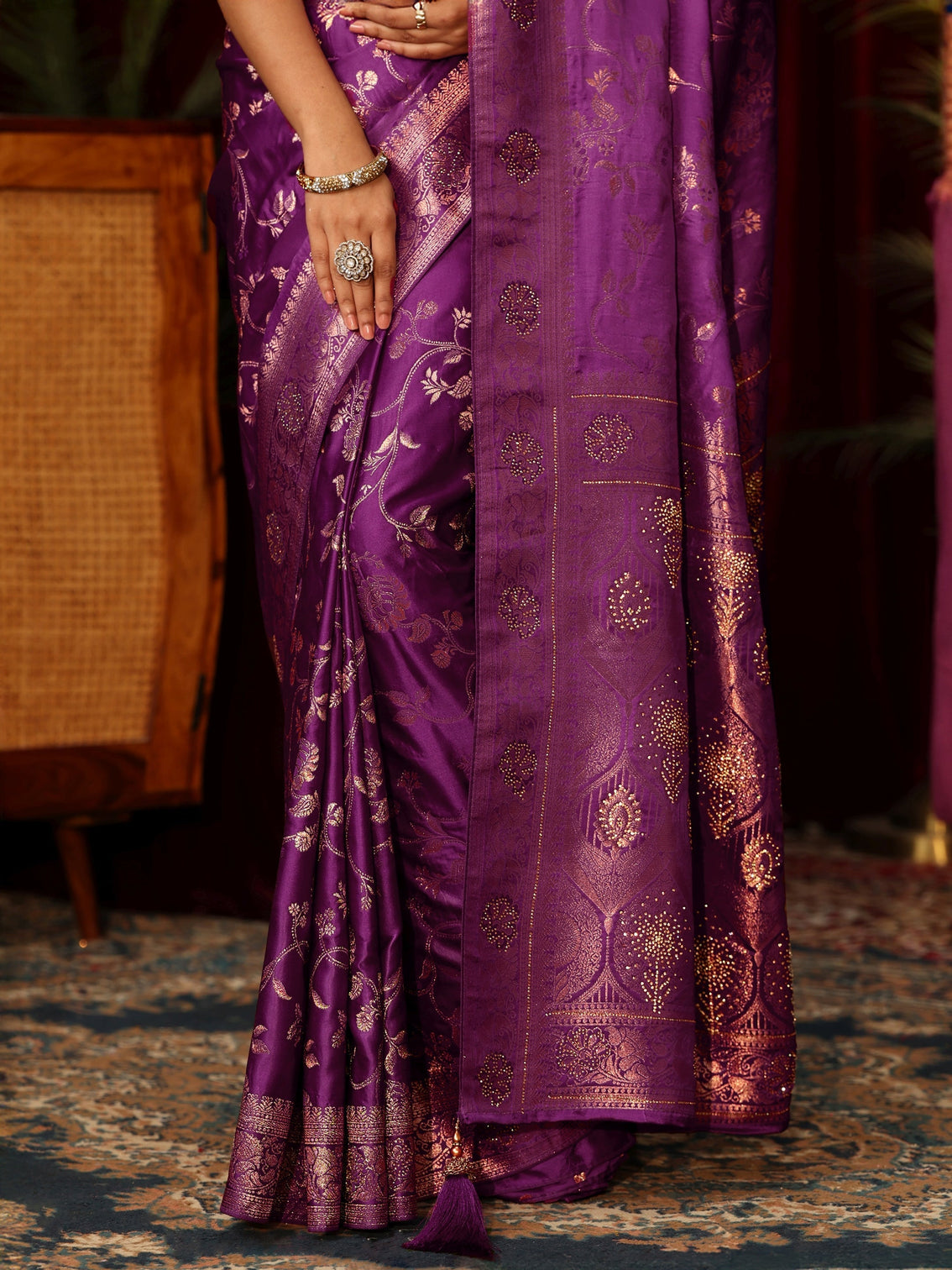 Mameraa Royal Purple Floral Woven Design Embellished Satin Saree