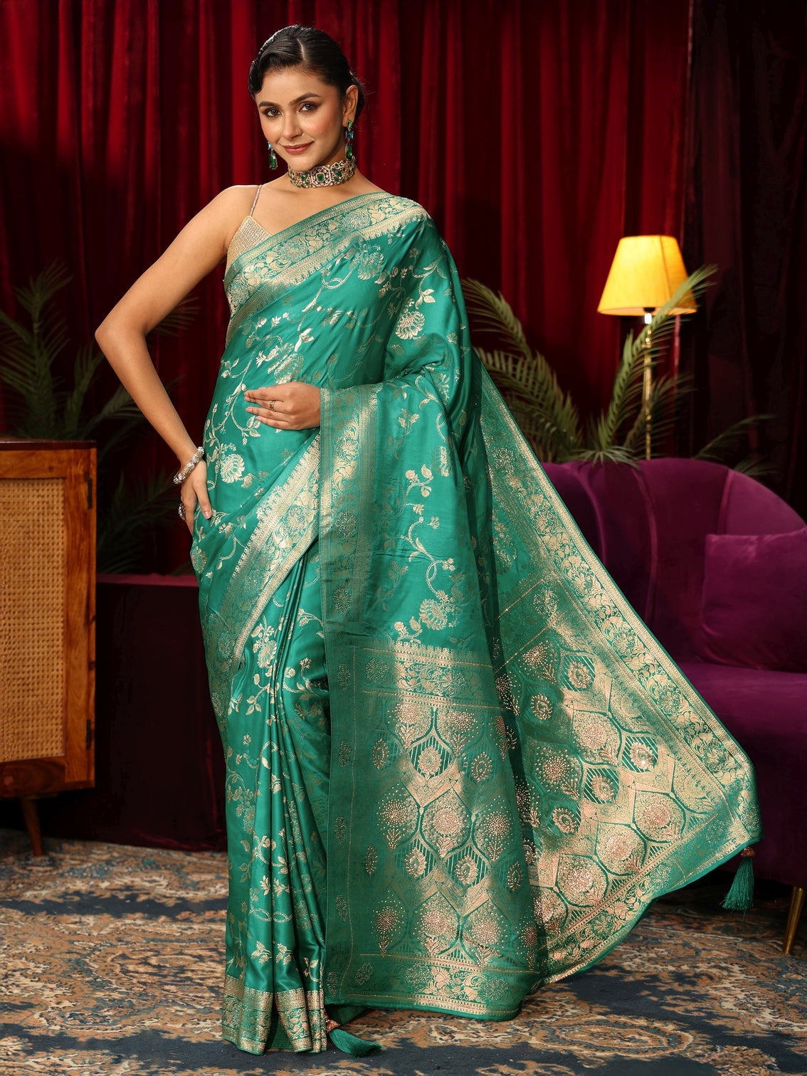 Mameraa Sea Green Woven Design Embellished Satin Saree