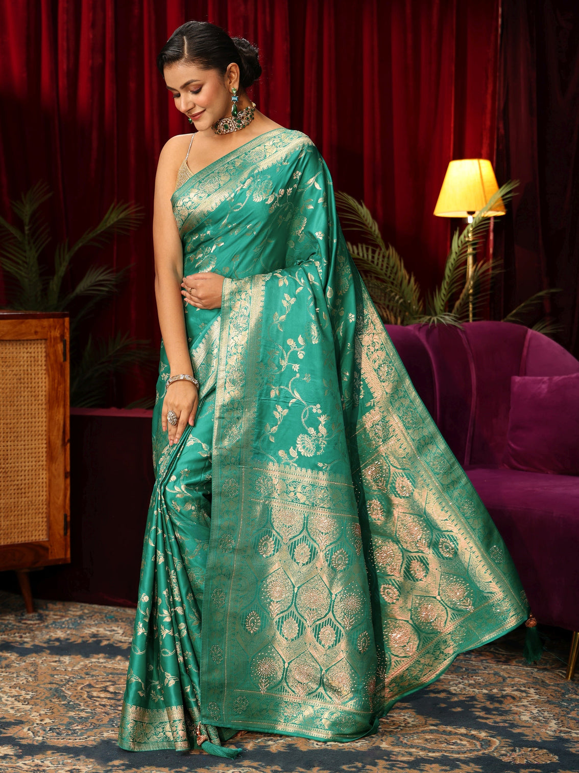 Mameraa Sea Green Woven Design Embellished Satin Saree