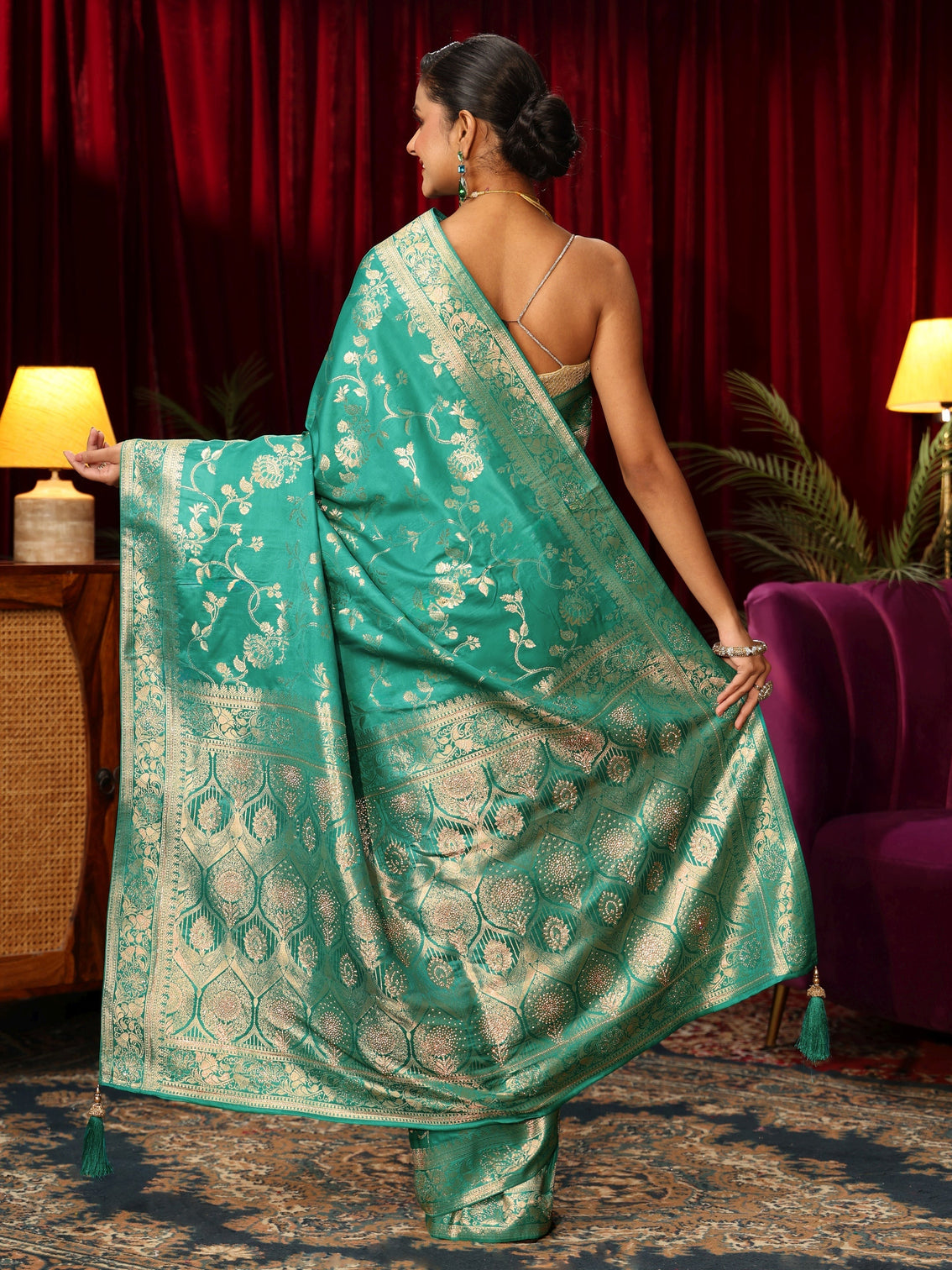Mameraa Sea Green Woven Design Embellished Satin Saree