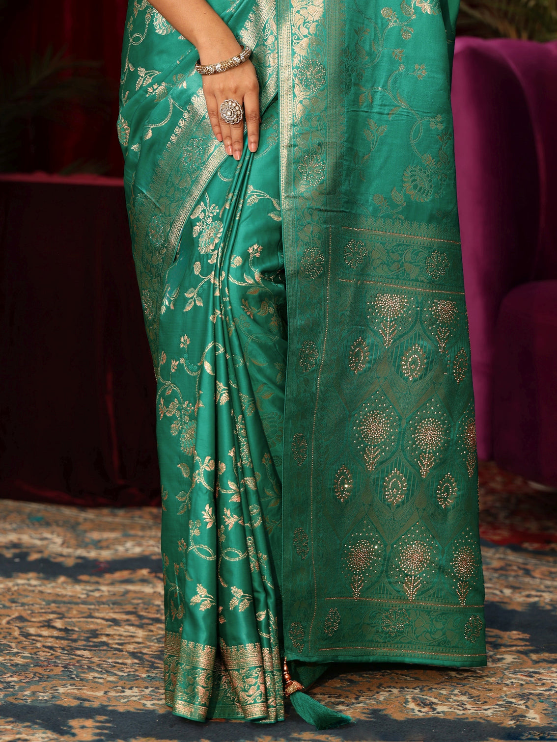Mameraa Sea Green Woven Design Embellished Satin Saree
