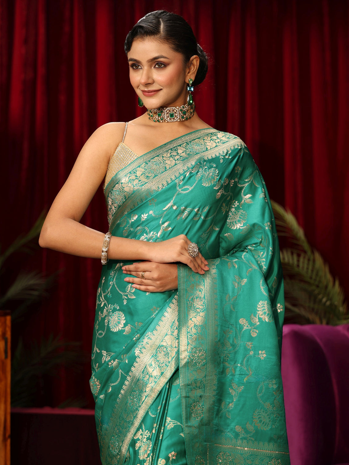 Mameraa Sea Green Woven Design Embellished Satin Saree