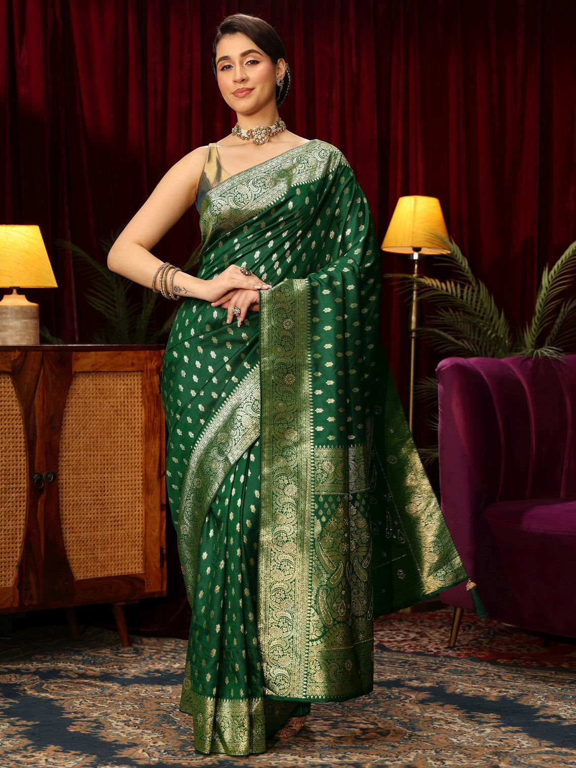 Mameraa Emerald Green Silk Blend Banarasi Saree