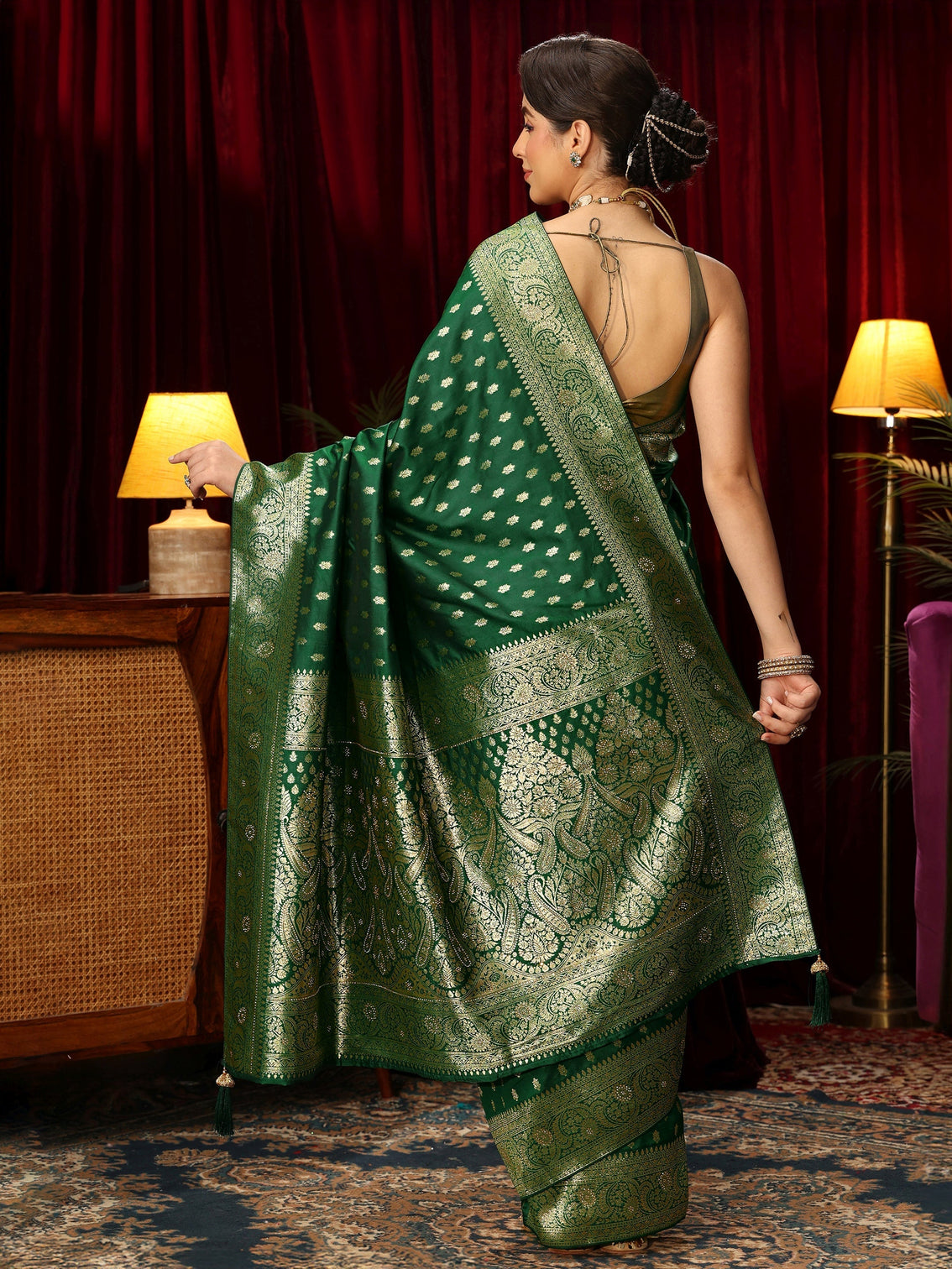Mameraa Emerald Green Silk Blend Banarasi Saree