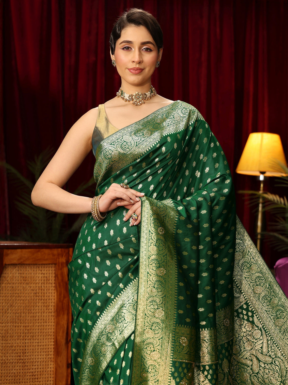 Mameraa Emerald Green Silk Blend Banarasi Saree